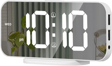 Mirror LED Dual Alarm Clock: Adjustable Brightness, Snooze, 2 USB Ports, 12/24 Hour Display