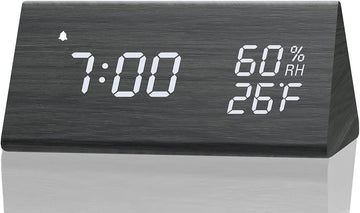 Wooden LED Alarm Clock: Time Display, 3 Alarms, Humidity & Temperature