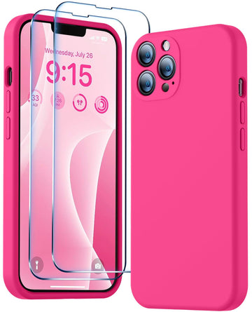 BossKiss Compatible with iPhone 13 Pro Max Case, Premium Liquid Silicone Case [Velvety Touch] [2 Pcs 9H Tempered Glass Screen Protector], Camera All-Round Protection Shockproof Kit Case, Hot Pink