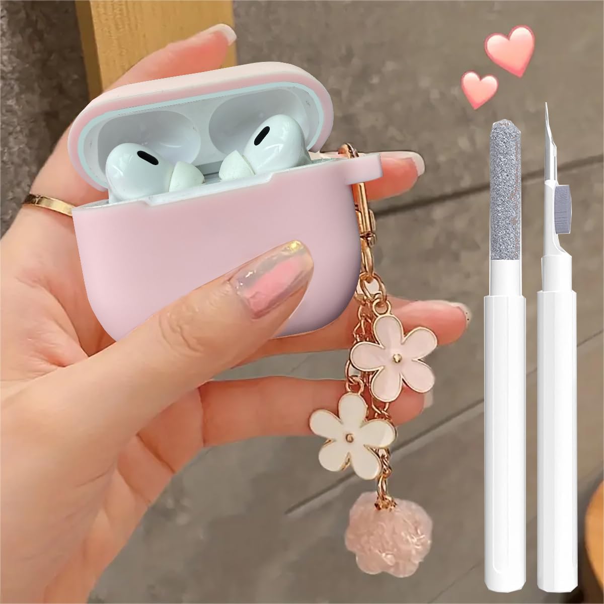 Cute Pink Case for Airpods Pro 2nd/1st Generation Cover for Girl Women with Pom pom Flower Keychain & Cleaner Kit, Soft Silicone Protective Skin for Airpods Pro 2/1 Gen 2019/2023/2022, Pink