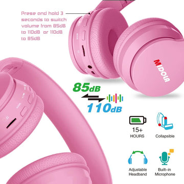 Kids Bluetooth Headphones Foldable Volume Limit 85dB/110dB - Pink