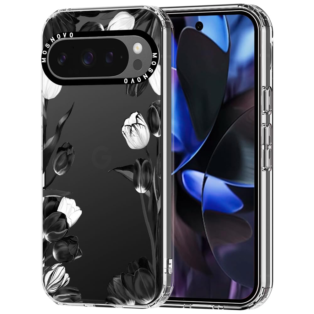 MOSNOVO Case for Google Pixel 9 Pro XL, [Buffertech 6.6ft Military-Grade Drop Protection] [Anti Peel Off Tech] Clear TPU Bumper Phone Case Cover Design - Black White Tulips