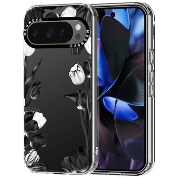 MOSNOVO Case for Google Pixel 9 Pro XL, [Buffertech 6.6ft Military-Grade Drop Protection] [Anti Peel Off Tech] Clear TPU Bumper Phone Case Cover Design - Black White Tulips