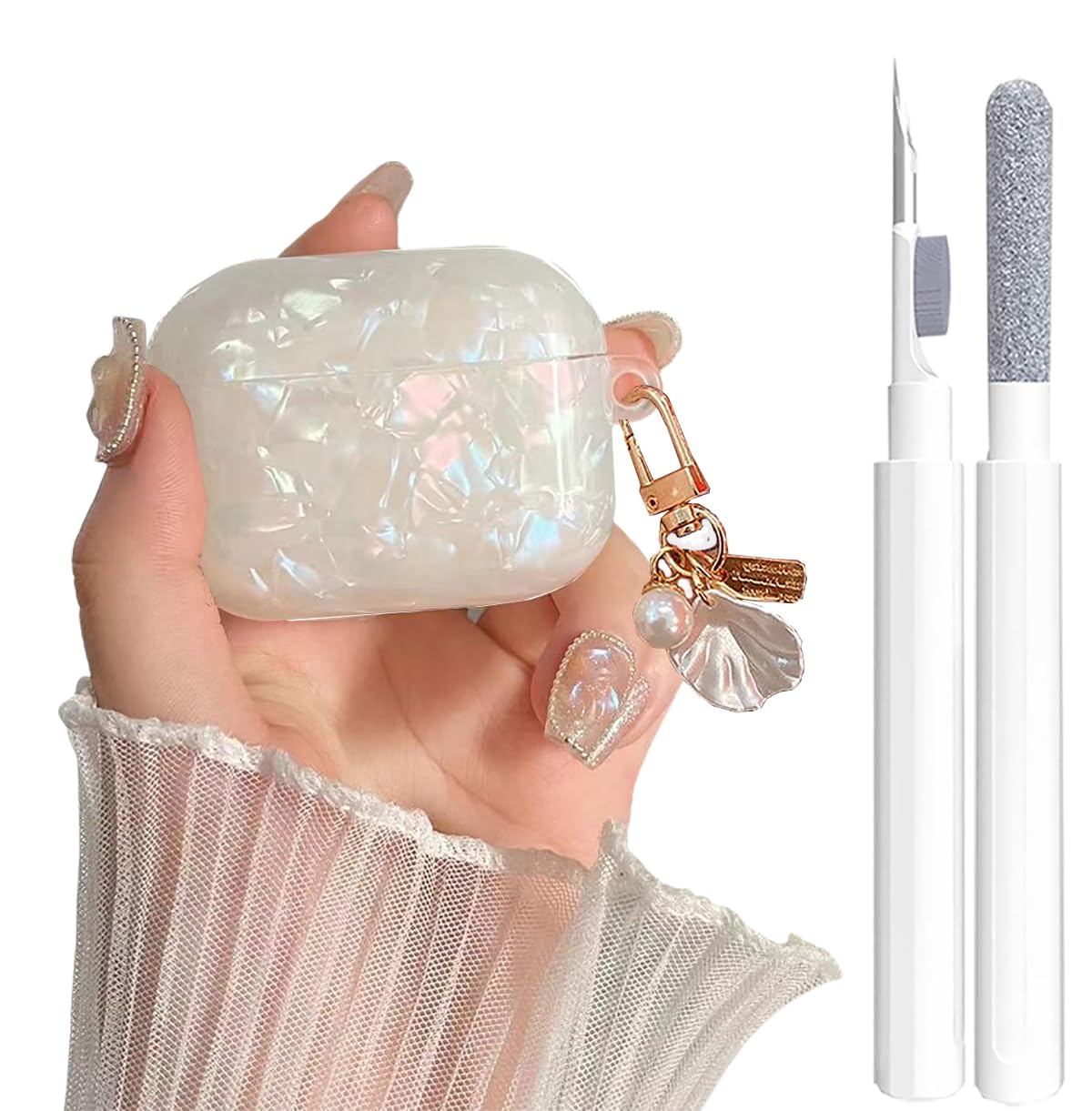 Cute Case for Airpods Pro/Pro 2 Gen Cover Girl Women with Cleaner Pen, Shell Pattern Airpods iPod Pro 2nd/1st Generation Cover Protective Skin with Luxury Pearl Keychain 2023/2022/2019, Colorful