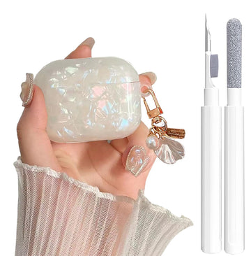 Cute Case for Airpods Pro/Pro 2 Gen Cover Girl Women with Cleaner Pen, Shell Pattern Airpods iPod Pro 2nd/1st Generation Cover Protective Skin with Luxury Pearl Keychain 2023/2022/2019, Colorful