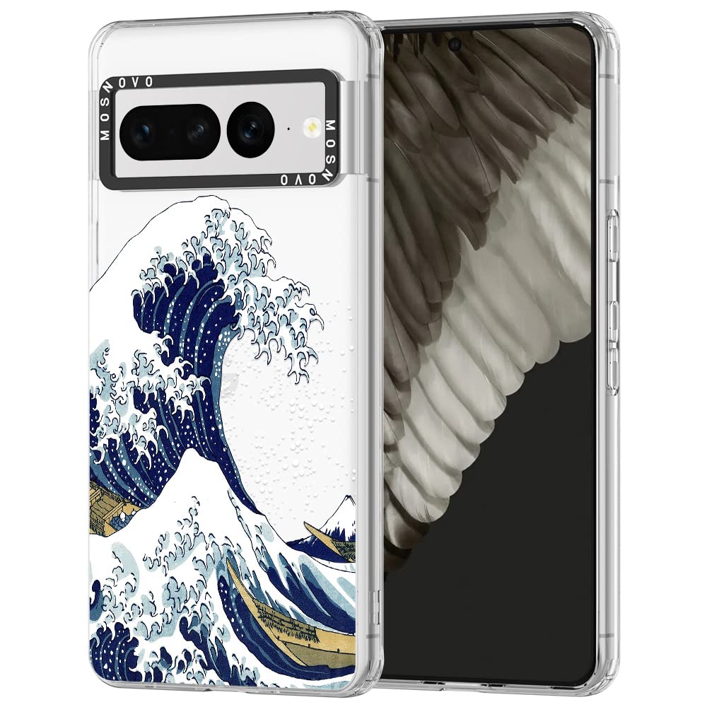 MOSNOVO Case for Google Pixel 7 Pro, [Buffertech 6.6ft Military-Grade Drop Protection] [Anti Peel Off Tech] Clear TPU Bumper Phone Case Cover Design - Great Wave