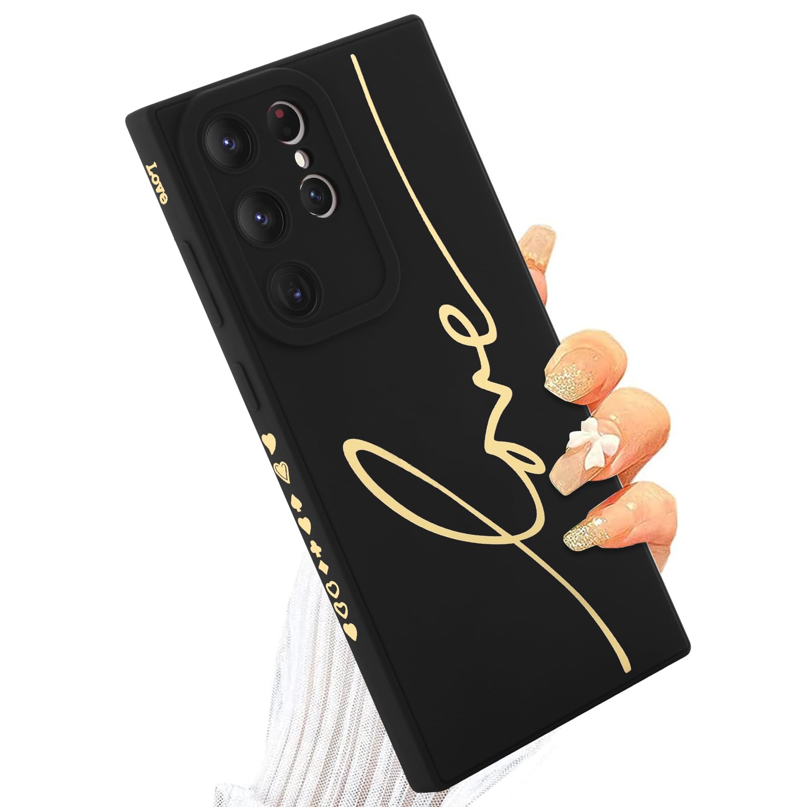 MOWIME for Samsung Galaxy S24 Ultra Case, Back Cute Plating Love Letter Graphic with Anti-Fall Lens Cameras Protection Soft TPU Shockproof Anti-Fingerprint Phone Cases for Women Girls -Black