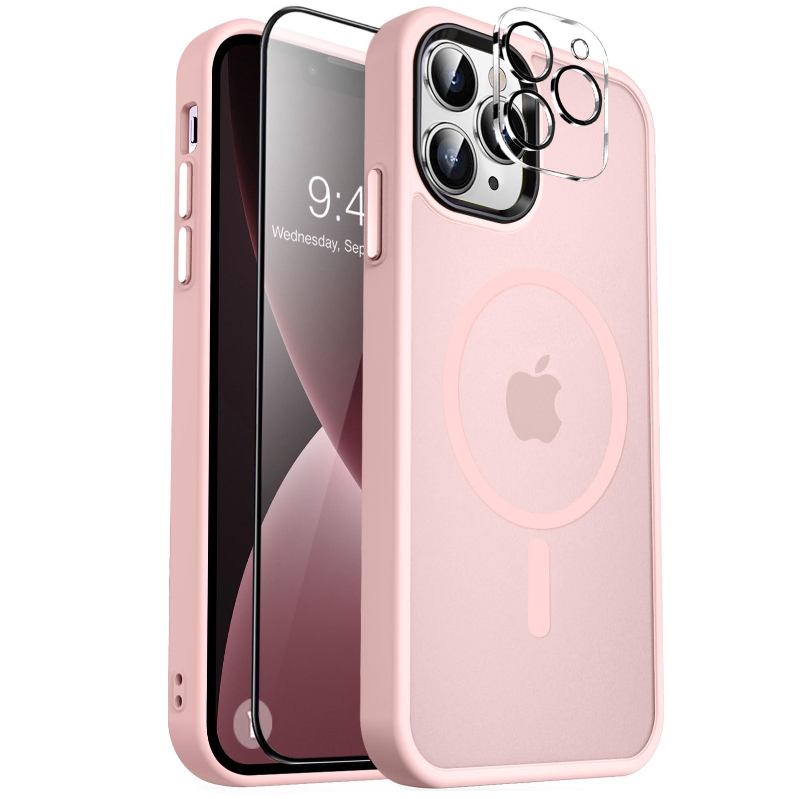 MOCCA Strong Magnetic for iPhone 13 Pro Max Case,[Compatible with Magsafe][Glass Screen Protector+Camera Lens Protector] Slim Thin Shockproof Cover Phone Case for iPhone 13 Pro Max 6.7", Pink