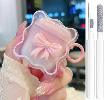 Cute AirPods 2/1 Generation Clear Case, Girly 3D Bow Design Soft TPU Protective Shockproof Kawaii Apple iPod 2nd/1st Generation Cover with Cleaner Kit & Keychain Girls Women - Pink Bow