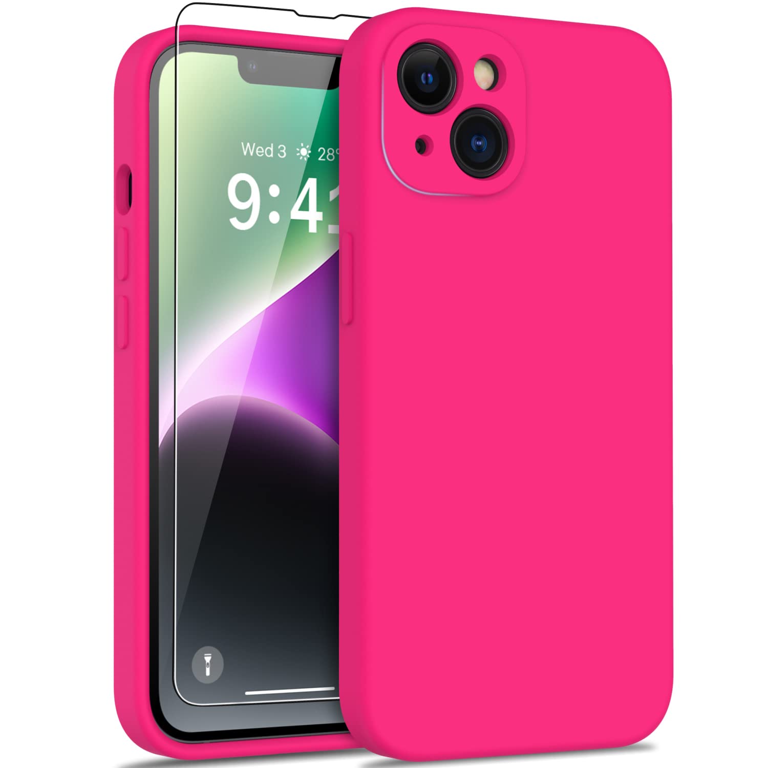 DEENAKIN Compatible with iPhone 14 Plus Case with Screen Protector - Silky Silicone - Enhanced Camera Cover - 16ft Drop Tested - Slim Fit Protective Phone Case for Women Girls 6.7" - Hot Pink