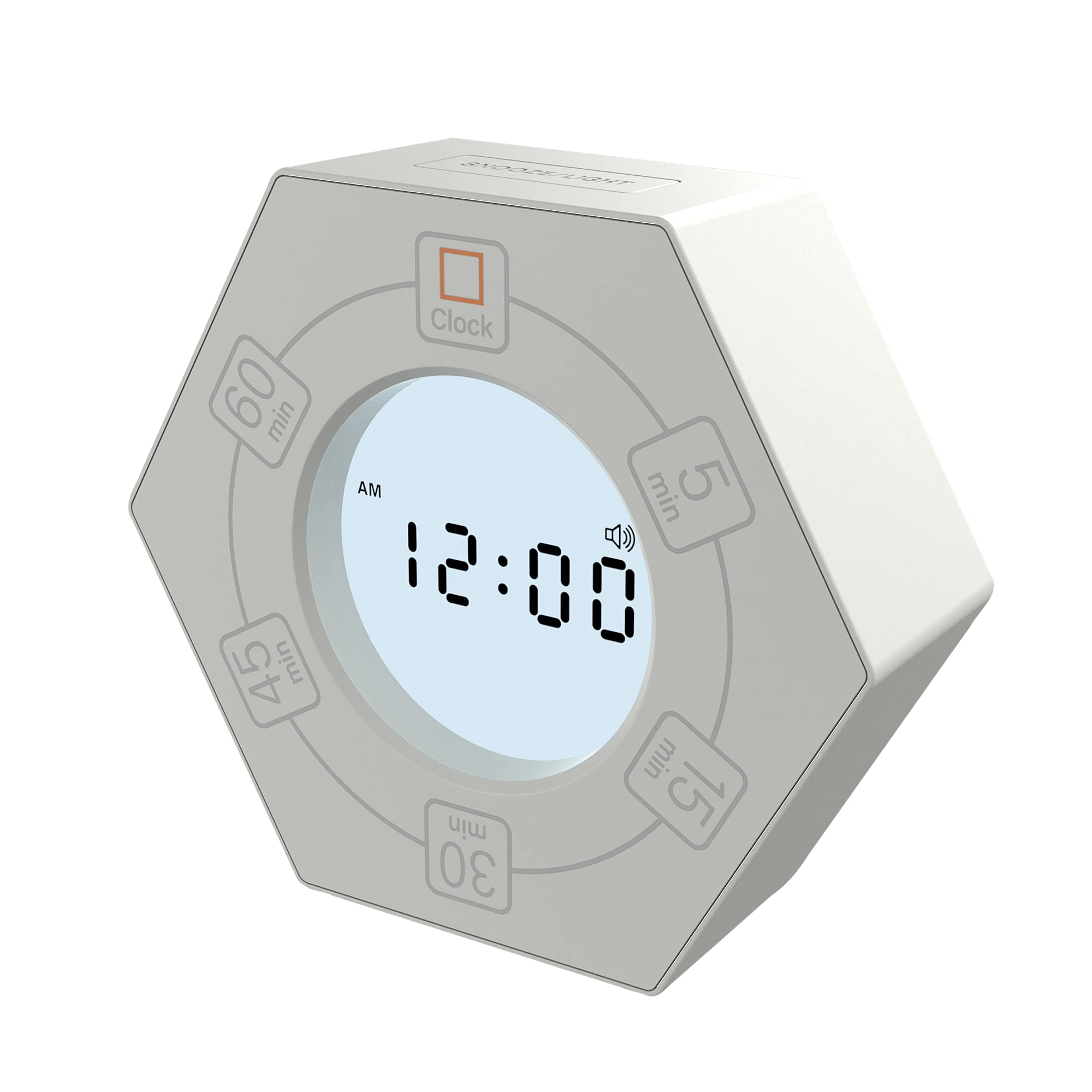 Hexagon Rotating Productivity Timer with Clock, Pomodoro Timer with 5,15, 30, 45, 60 Minute Presets, Timer for People with ADHD (White)