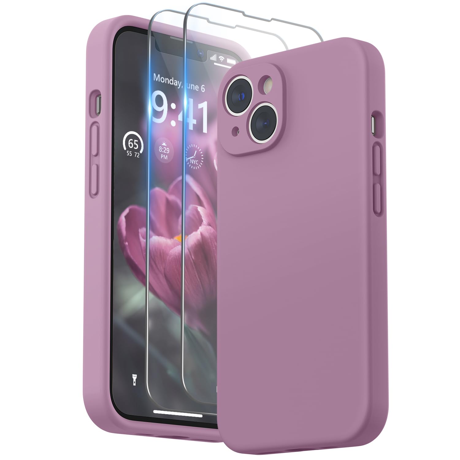 SURPHY Designed for iPhone 14 Plus Case with Screen Protector and Camera Protection, Liquid Silicone Phone Case with Soft Microfiber Lining, Lilac Purple