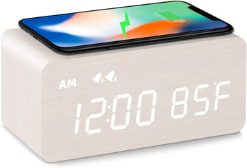 Wireless Charging Wooden Alarm Clock: Dimmer, Dual Alarm, Weekday/Weekend Mode