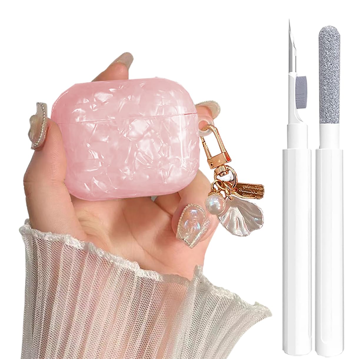 Airpods Pro/Pro 2 Gen Case Cute with Cleaner Pen, Shell Pattern Airpods iPod Pro 2nd/1st Generation Case Cover Protective Skin Girl Women with Luxury Pearl Keychain 2023/2022/2019 - Pink