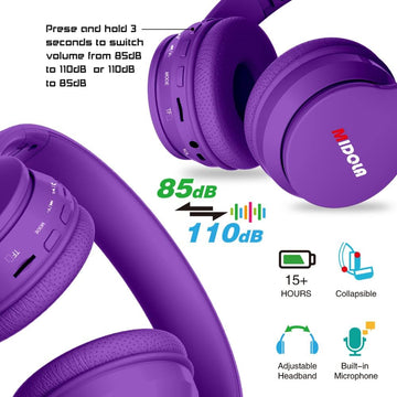 Kids Bluetooth Headphones Foldable Volume Limit 85dB/110dB - Purple