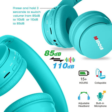 Kids Bluetooth Headphones Foldable Volume Limit 85dB/110dB - Turquoise