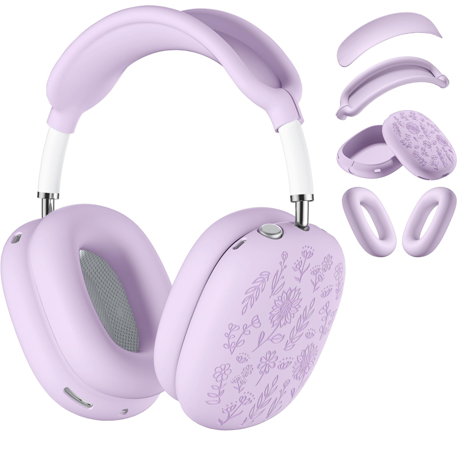 DaQin Floral Engraved Case Cover for AirPods Max, Anti-Scratch Ear Pad Case/Ear Cup Cover/Headband Cover for AirPods Max Accessories, Soft Silicone Skin Protector for Airpod Max Ear Covers, Lavender