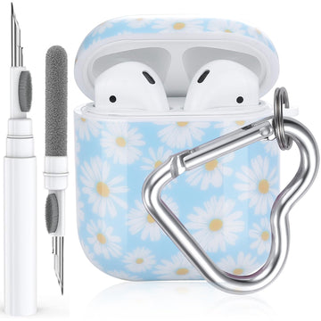 OTOPO for Airpods 2nd Gen Case Cover with Cleaner Kit, Flower Protective Hard Cover Portable & Shockproof Women Girls Men with Heart-Shaped Keychain for Airpods 2/1 Charging Case (Daisy)