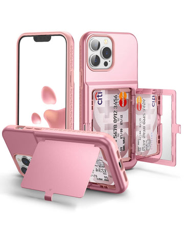 WeLoveCase for Cute iPhone 13 Pro Max Case for Women with Credit Card Holder & Hidden Mirror, Two Layer Shockproof Heavy Duty Protection Cover Protective Wallet Case for iPhone 13 Pro Max Pink