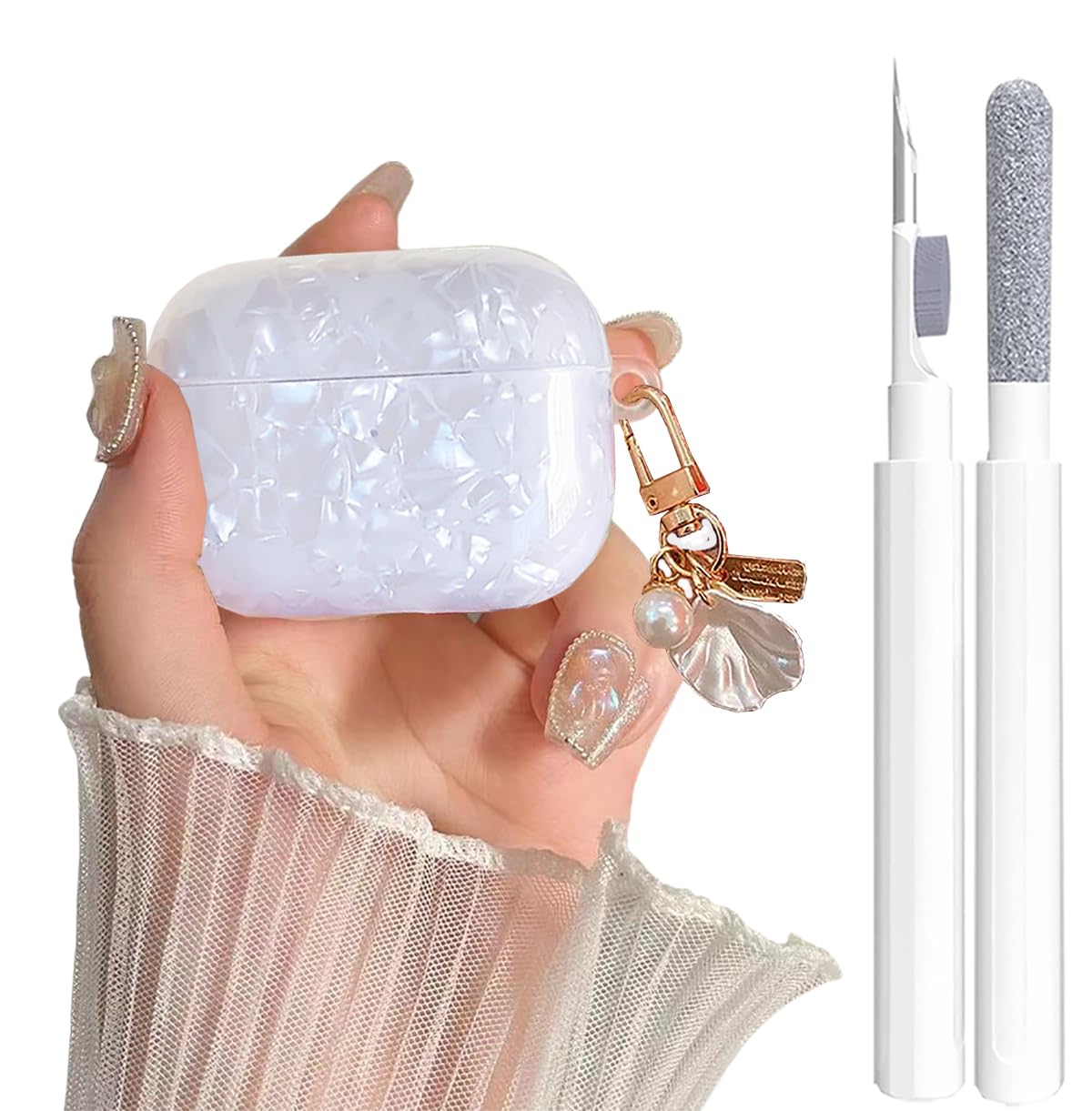 Cute Case for Airpods Pro/Pro 2 Gen Cover Girl Women with Cleaner Pen, Shell Pattern Airpods iPod Pro 2nd/1st Generation Case Cover Protective Skin with Luxury Pearl Keychain 2023/2022/2019, White