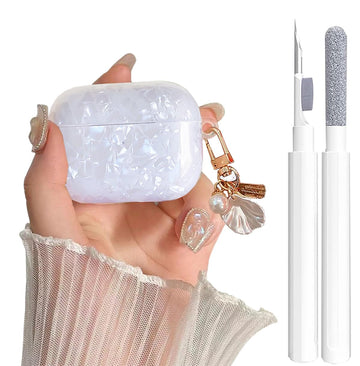 Cute Case for Airpods Pro/Pro 2 Gen Cover Girl Women with Cleaner Pen, Shell Pattern Airpods iPod Pro 2nd/1st Generation Case Cover Protective Skin with Luxury Pearl Keychain 2023/2022/2019, White