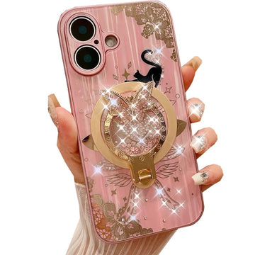 Magnetic Kickstand Glitter Case for iPhone 16 Plus, [Compatible with Magsafe] Cute Bling Sparkle Butterfly Ring Stand Cat Lace Elegant Shockproof Women Girls Case for iPhone 16 Plus 6.7