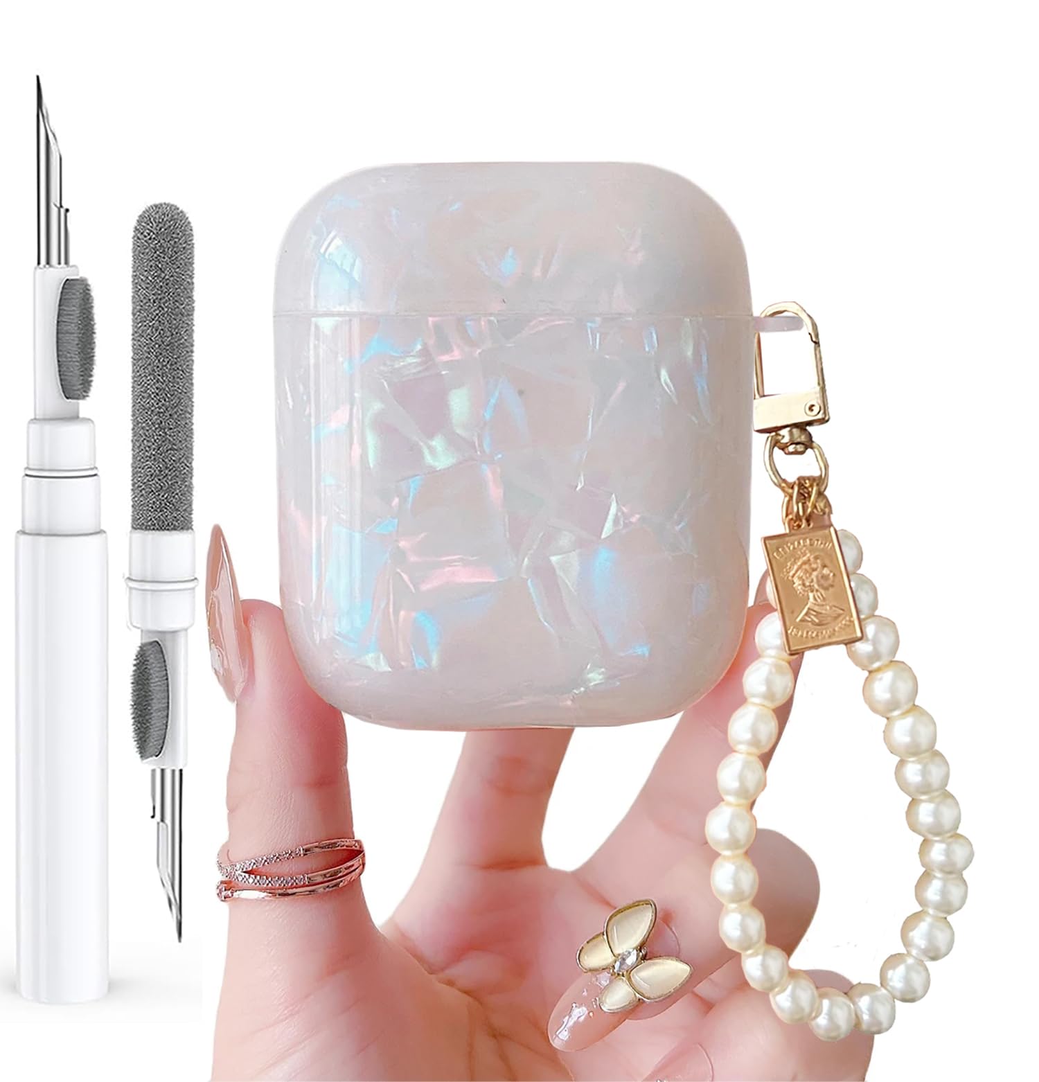 for Cute Glitter Airpods 2/1 Gen Case with Cleaner Pen,Shell Pattern Airpods 2nd/1st Generation Cover Protective Skin Girl Women with Luxury Pearl Keychain for Apple iPod 2nd/1st Gen - Colorful