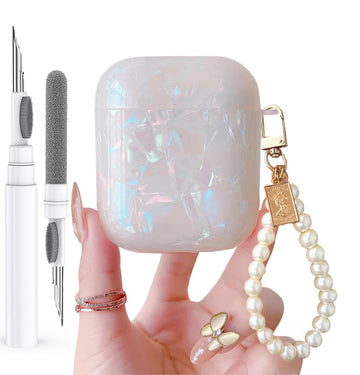 for Cute Glitter Airpods 2/1 Gen Case with Cleaner Pen,Shell Pattern Airpods 2nd/1st Generation Cover Protective Skin Girl Women with Luxury Pearl Keychain for Apple iPod 2nd/1st Gen - Colorful