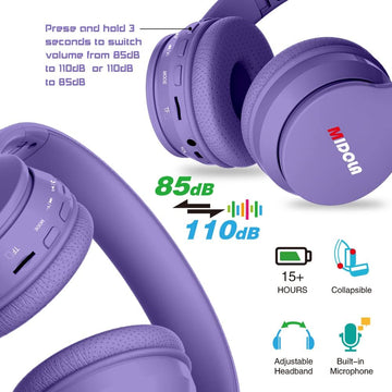 Kids Bluetooth Headphones Foldable Volume Limit 85dB/110dB - Light Purple