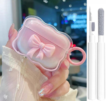 Cute AirPods Pro 2/1 Gen Clear Case, Girly 3D Bow Design Soft TPU Protective Shockproof Kawaii Apple iPod Pro 2nd/1st Generation Cover with Cleaner Pen & Keychain Girls Women 2023/2022/2019 - Pink