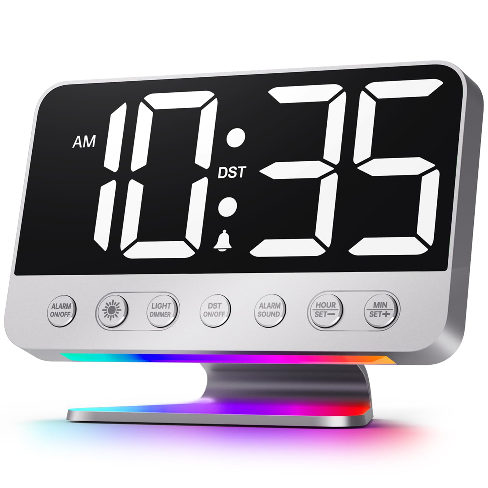 Digital Alarm Clocks for Bedrooms: Large Bold Number 5 Brightness Dimmer - Easy to Read Across The Room - 5 Alarm Sound 8 Night Light - Silver