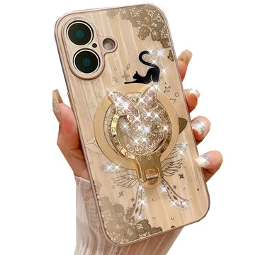 Magnetic Kickstand Glitter Case for iPhone 16 Plus, [Compatible with Magsafe] Cute Bling Sparkle Butterfly Ring Stand Cat Lace Elegant Shockproof Women Girls Case for iPhone 16 Plus 6.7