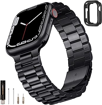 SUNFWR Stainless Steel Metal iWatch Band with Case for Apple Watch - Premium Quality, Easy to Adjust, Upgrade Design (Black)