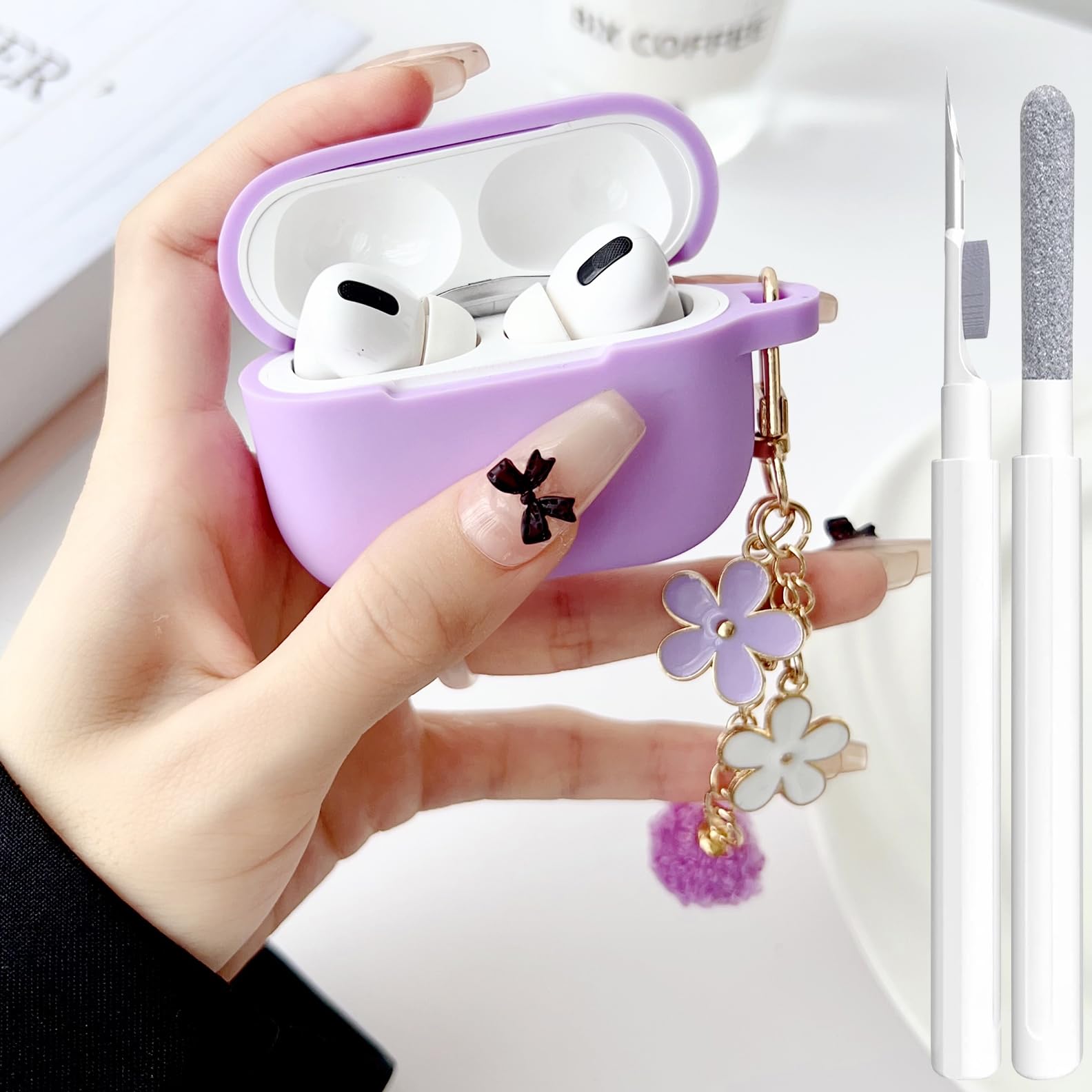 Cute Purple Case for Airpods Pro 2nd/1st Generation Cover for Girl Women with Pom pom Flower Keychain & Cleaner Kit, Soft Silicone Protective Skin for Airpods Pro 2/1 Gen 2019/2023/2022, Purple