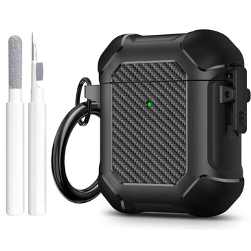 Maxjoy for AirPods Case, Carbon Fiber Secure Lock Clip Full Body Shockproof Hard Shell Protective Case Cover with Keychain for AirPod 1st and 2nd Generation Wireless Charging Case, Black