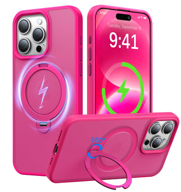 Gissorde 360° Magnetic Stand for iPhone 15 Pro Max Case, [Compatible with MagSafe] Build-in Invisible Ring Kickstand, Shockproof Slim Translucent Matte Phone Case for iPhone 15 Promax, Hot Pink