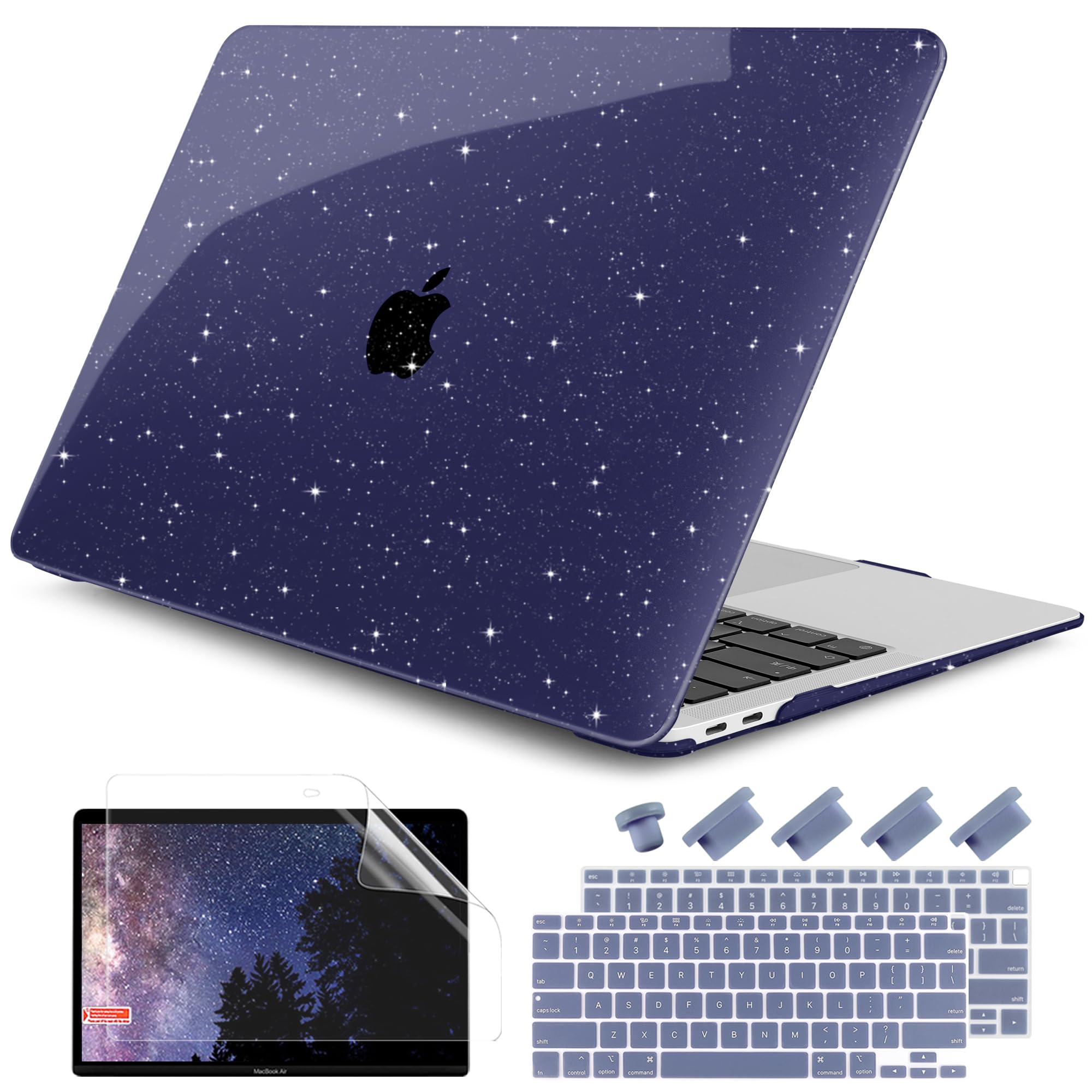 DONGKE for MacBook Air 13 inch Case 2021-2018 Release A2337 M1 A2179 A1932, Bling Plastic Hard Shell Case & Keyboard Cover Only Compatible with MacBook Air 13 inch Retina Fits Touch ID, Starry Blue