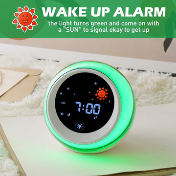 Kids Alarm Clock, Ok to Wake Clock with Sun & Star, Sound Machine, Night Lights, Nap Timer, Sleep Training Clock for Toddlers, Child