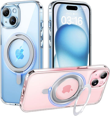 TAURI iPhone 15 Clear Case with 360° Ring Holder Stand: Complete 5-in-1 Protection