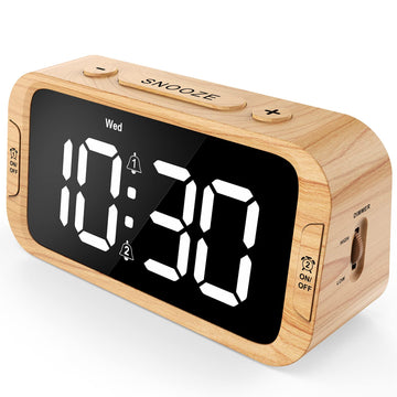 Digital Dual Alarm Clock for Bedroom, 0-100% Dimmer, Weekday/Weekend Mode, Easy to Set, USB Charger, Adjustable Alarm Volume with 5 Alarm Sounds, Snooze, 12/24Hr, Battery Backup (Wood Grain)