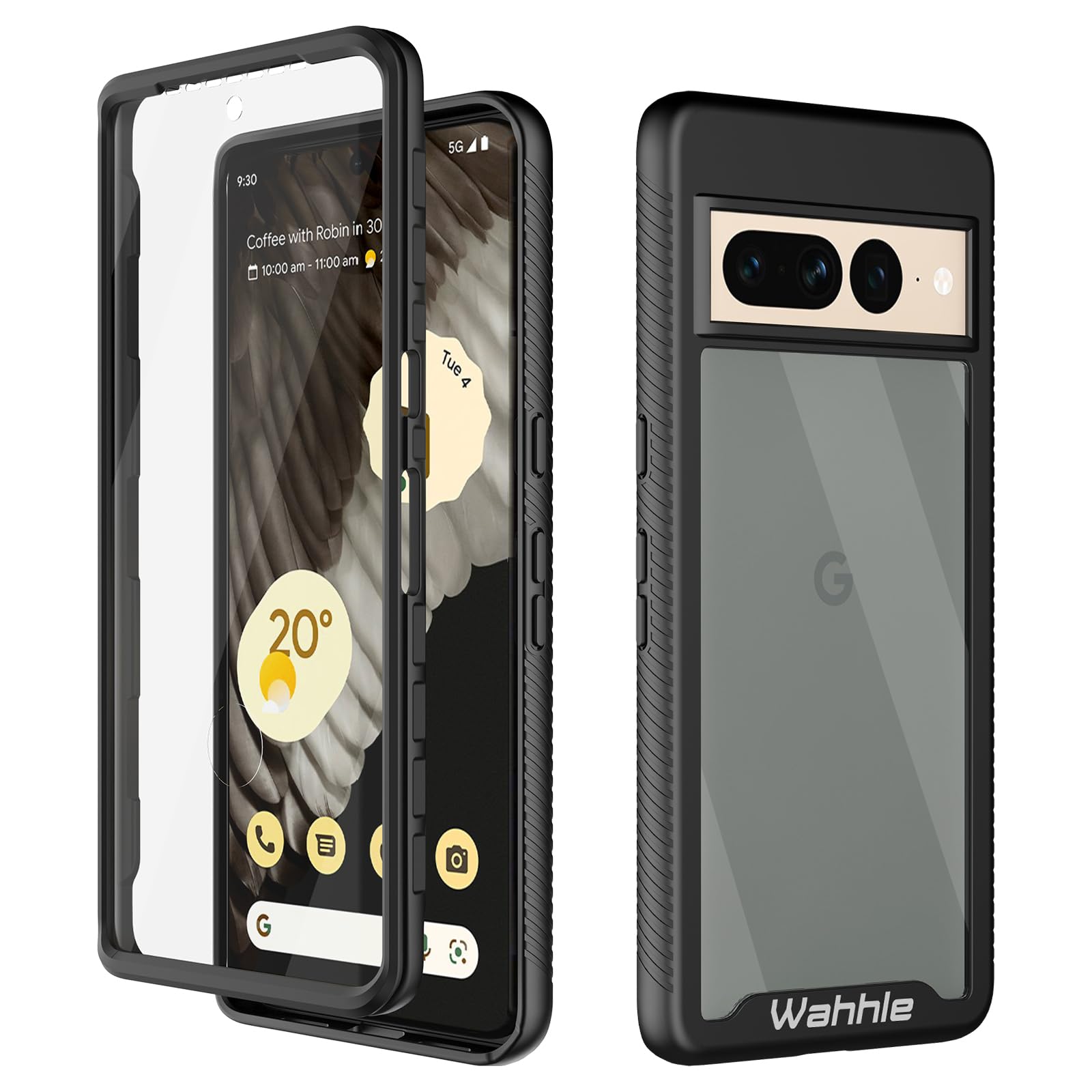 wahhle Compatible with Google Pixel 7 Pro Case, Built in Screen Protector Full Body Shockproof Slim Fit Bumper Protective Phone Cover Men Women-Black/Clear