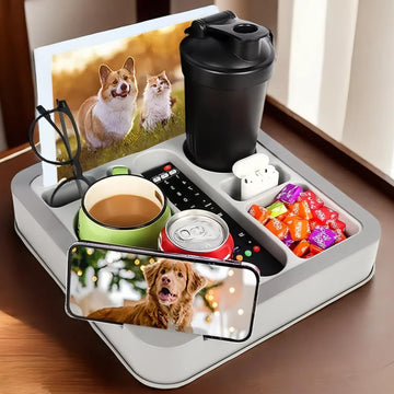 Couch Cup Holder Tray ，FINTHECH Food-Grade Silicone and Plastic Couch Caddy for Bed Car Seat, Waterproof Anti-Spill Couch Drink Holder for Headphones, Snacks and Other Items.