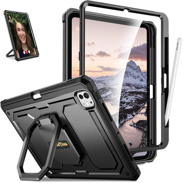 Fintie Shockproof Case for iPad Pro 11-inch M4 (2024) - [Tuatara Magic Ring] 360 Degree Rotating Grip Stand Protective Rugged Cover with Screen Protector & Pencil Holder, Black