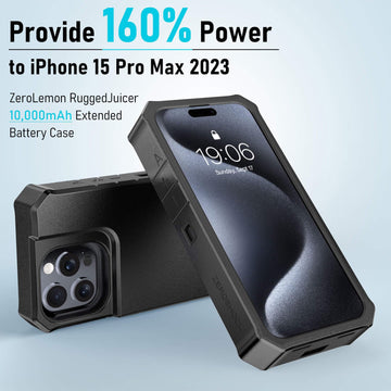 Battery Case for iPhone 15 Pro Max, 10000mAh 18W Fast Charging, Wireless Charging Supported, RuggedJuicer Extended Battery Charger with Rugged Cover for iPhone 15 Pro Max Black