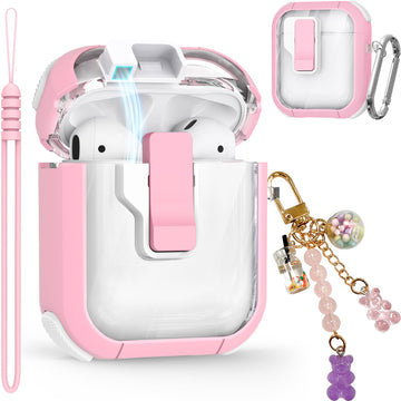 Clear Case for AirPods 2nd/1st Generation, Secure Lock Airpod Case for Apple AirPods 2/1 Gen Case Cover with Silicone Wrist Strap Cute Candy Keychain for Women,Purple