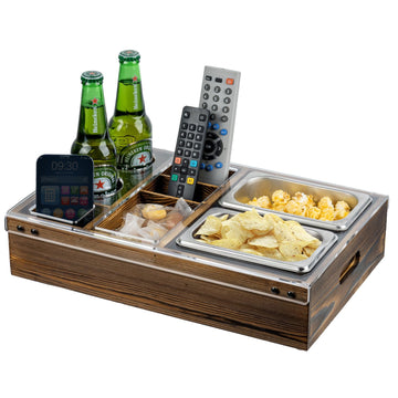 MyGift Couch Caddy Rustic Burnt Solid Wood and Premium Clear Acrylic TV Snack Tray with 2 Stainless Steel Snack Bowls, Dual Cutout Anti-Spill Drink Holders, Remote Control and Cell Phone Slots