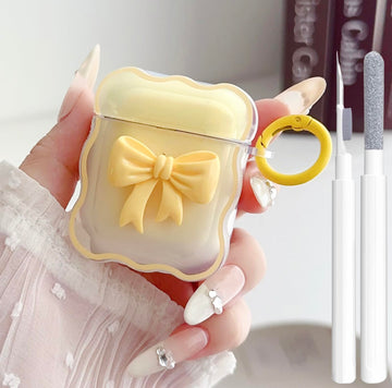 Cute AirPods 2/1 Generation Clear Case, Girly 3D Bow Design Soft TPU Protective Shockproof Kawaii Apple iPod 2nd/1st Generation Cover with Cleaner Kit & Keychain Girls Women - Yellow Bow