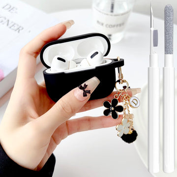 Cute Case for Airpods Pro 2nd/1st Generation Cover for Girl Women with Pom pom Flower Keychain & Cleaner Kit, Soft Silicone Protective Skin for Airpods Pro 2/1 Gen 2019/2023/2022, Black