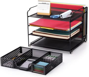 4-Tray Mesh Desk Organizer with Drawer and Upright Section