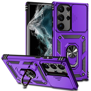 for Samsung Galaxy S23 Ultra Case with Slide Camera Cover HD Screen Protector [Military Grade Drop Tested] Magnetic Ring Holder Kickstand Protective Phone Case for Galaxy S23 Ultra 5G 2023, Purple